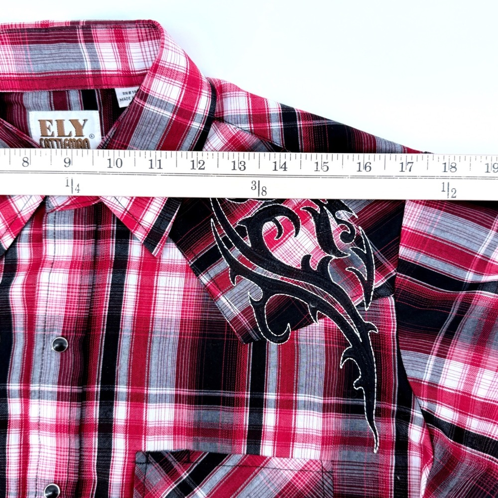 Ely Cattleman Western Shirt Mens M Red Black Plaid Black Pearl Snaps Embroidery - Picture 7 of 10